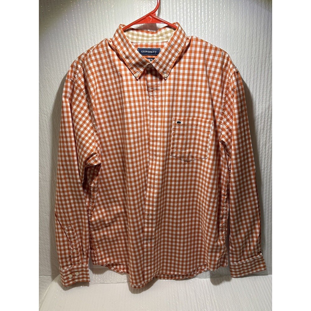 Crown & Ivy Classic Fit XL Orange/White Check Long Sleeve Button-Down Shirt